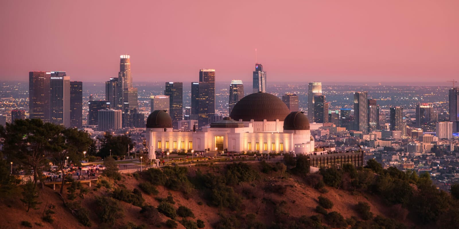 Group enjoying the panoramic city view from Griffith Observatory in Los Angeles