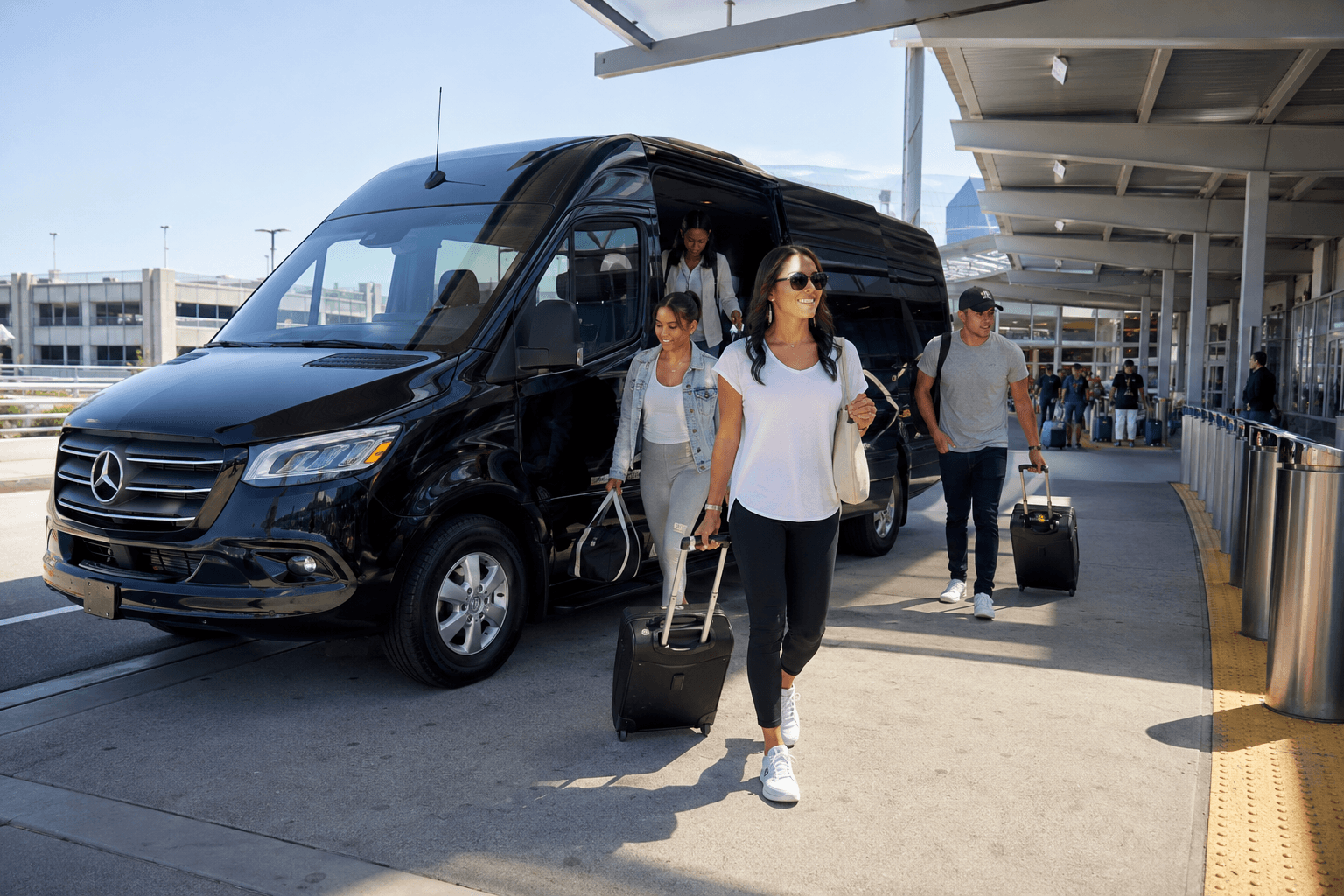 Group arriving at Los Angeles International Airport for charter bus pickup