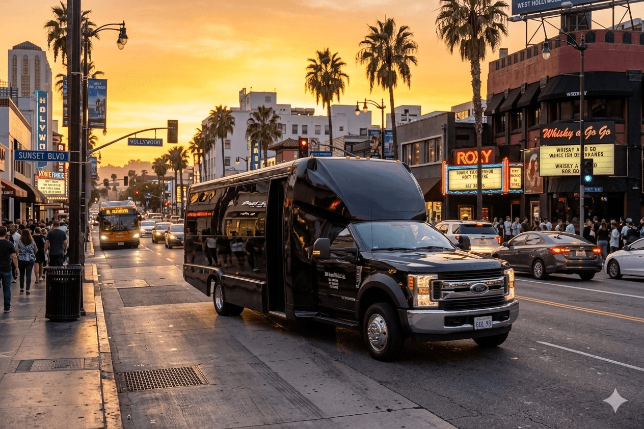Luxury charter bus at a custom stop on a private Los Angeles sightseeing tour