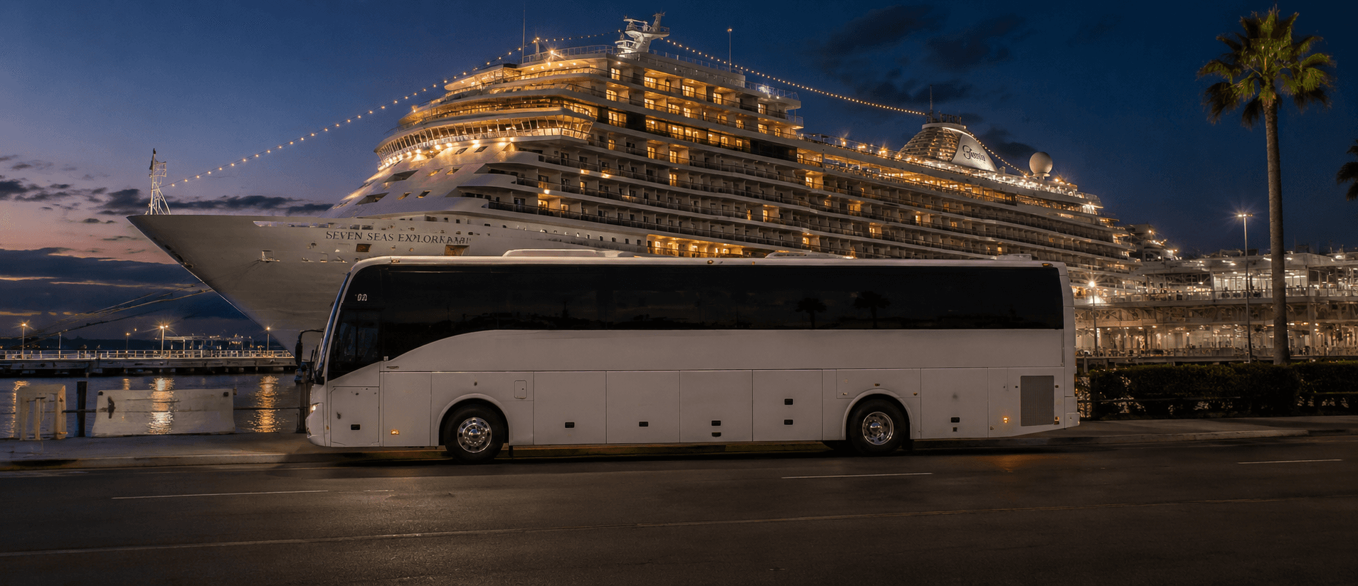 Charter bus staged near the Port of Los Angeles cruise terminal in San Pedro