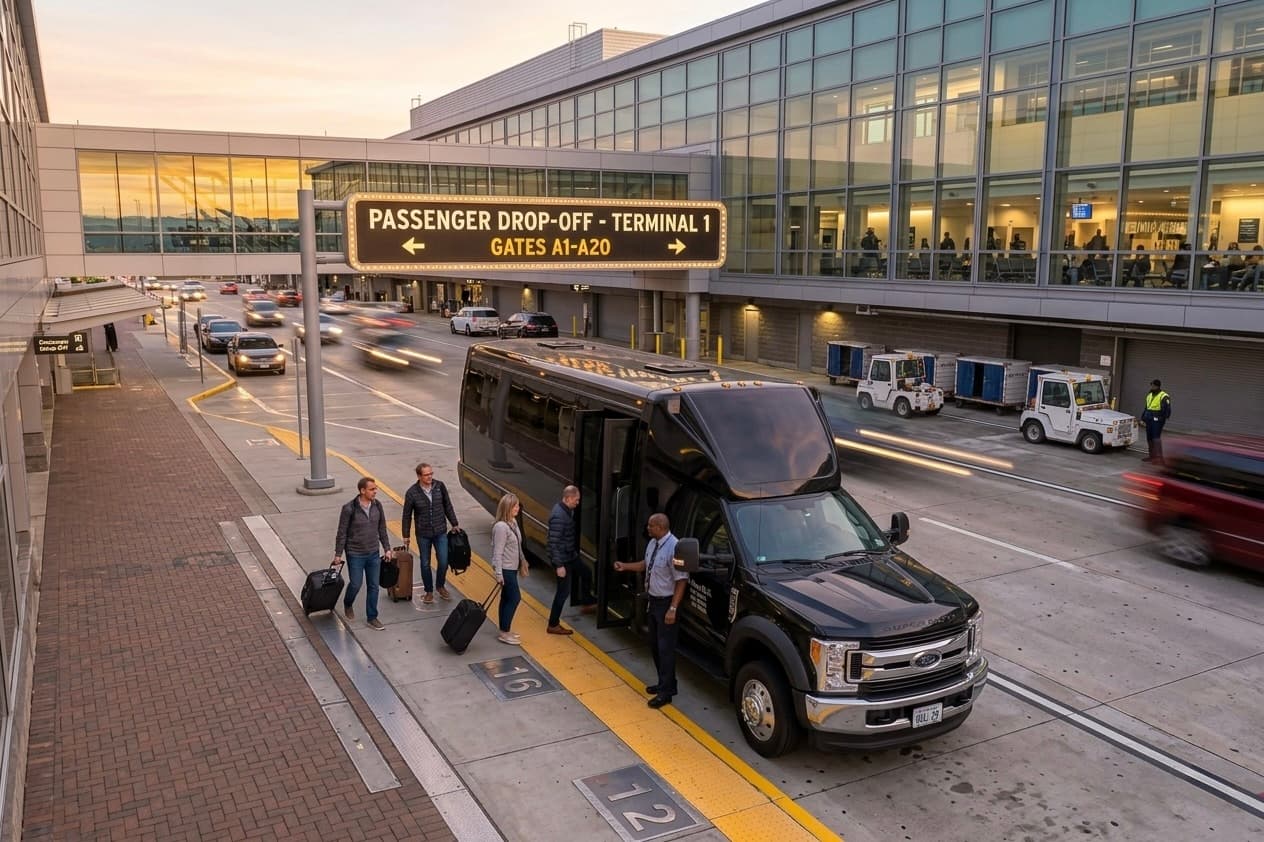 Charter bus staged at LAX commercial vehicle pickup area for group airport transfer
