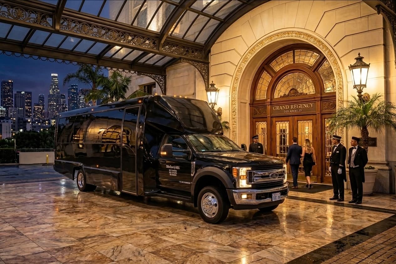 Elite BHLS mini coach and Sprinter van parked side by side in Southern California