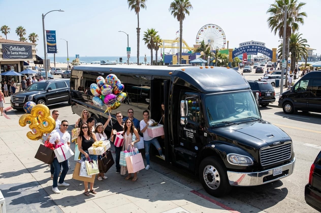 Birthday party group boarding a luxury Sprinter van for a milestone celebration