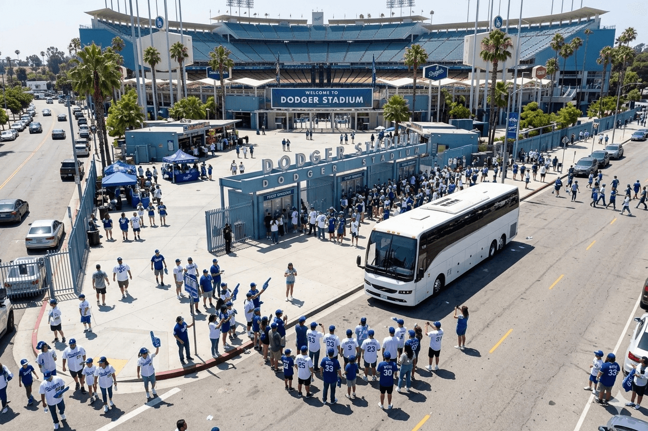 Group of friends boarding a charter bus to a Los Angeles sporting event