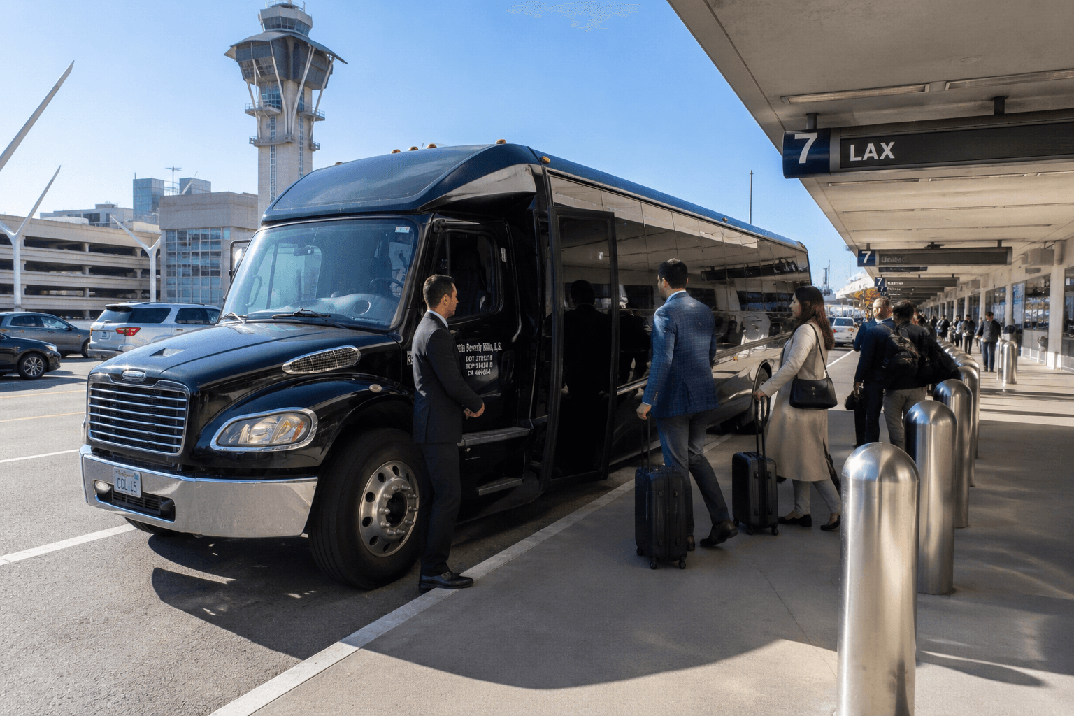 Group passengers loading onto a charter bus at LAX airport