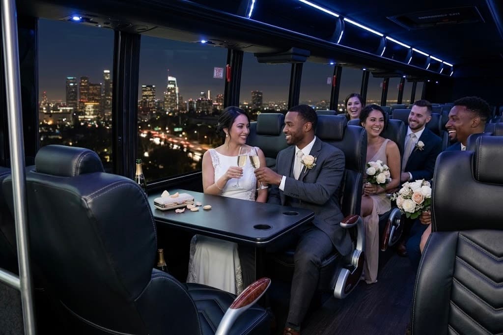 Elegant bridal party boarding a luxury charter bus for a Southern California wedding