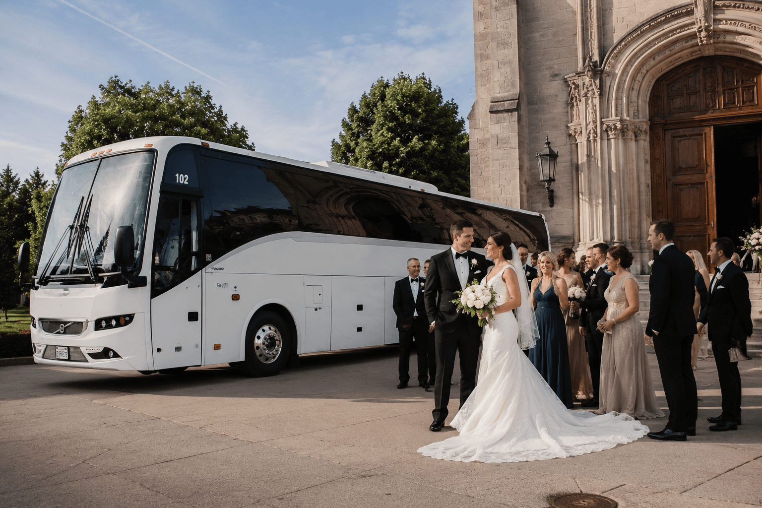 Luxury motorcoach decorated for a Southern California wedding arrival